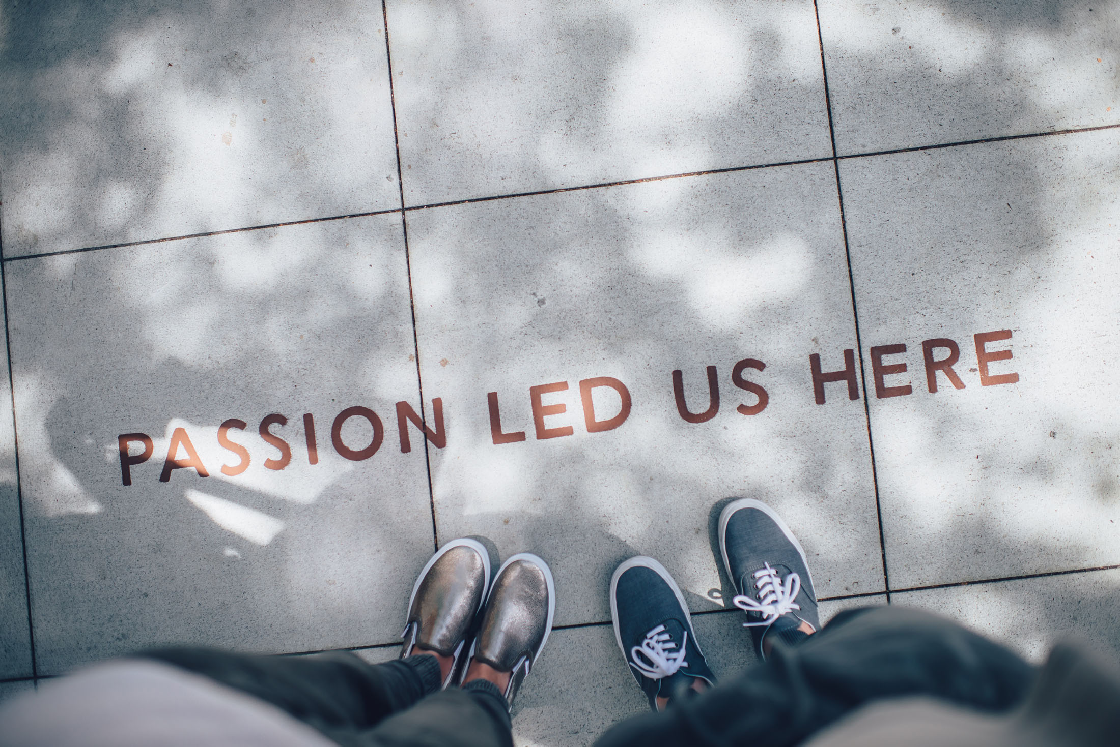two people standing on tile mosaic reading passion led us here